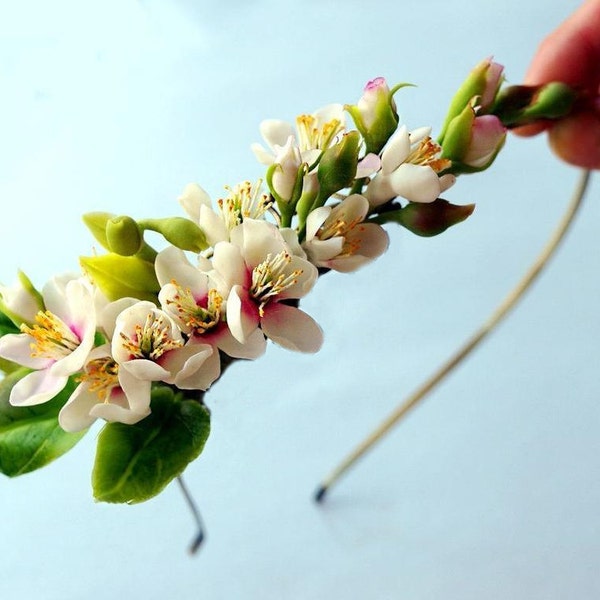 Cherry Blossom Floral Headband - Flower Girl Crown, Wedding Hair Accessories For Women, Bridal Head Piece