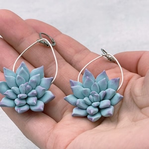 Mint succulent earrings statement accessories, polymer clay jewelry, dangle flower earrings succulent birthday gift for her