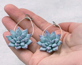 Mint succulent earrings statement accessories, polymer clay jewelry, dangle flower earrings succulent birthday gift for her