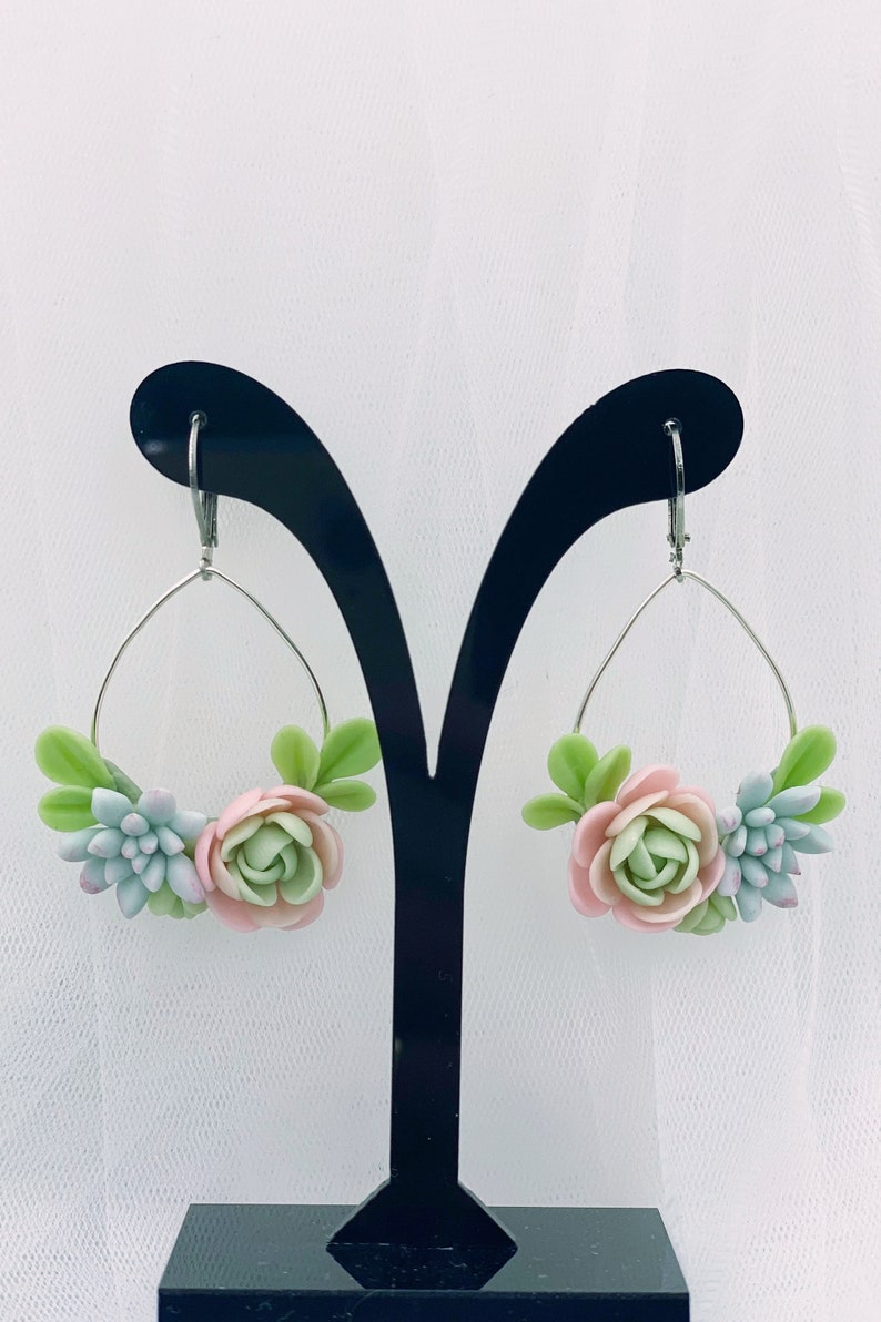 Mint green succulent earrings, flower dangle earrings image 6