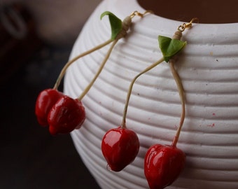 Earrings with Cherry - Earring - Women Accessories - Flower Floral Earrings - Gift - Flower Wedding Earrings