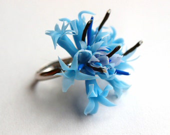 Blue Cornflower Ring - Nature Flower Jewelry, Botanical Statement Ring, Handmade Floral Jewelry, Flower Girl Birthday Gift