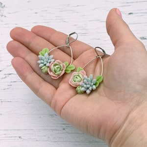 Mint green succulent earrings, flower dangle earrings image 8