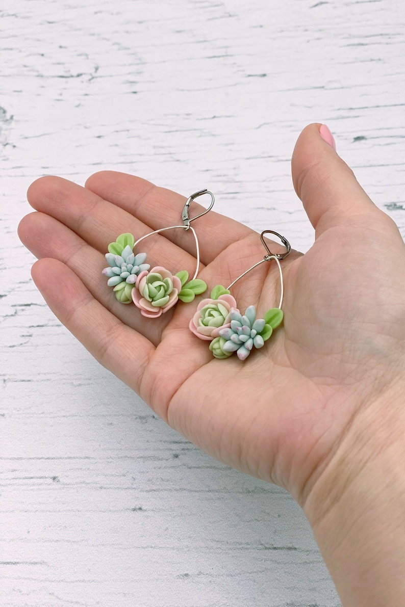Mint green succulent earrings, flower dangle earrings image 8