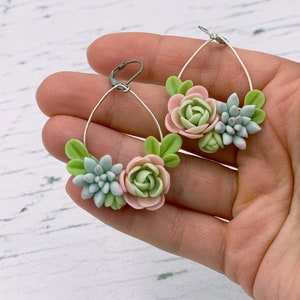 Mint green succulent earrings, flower dangle earrings image 4