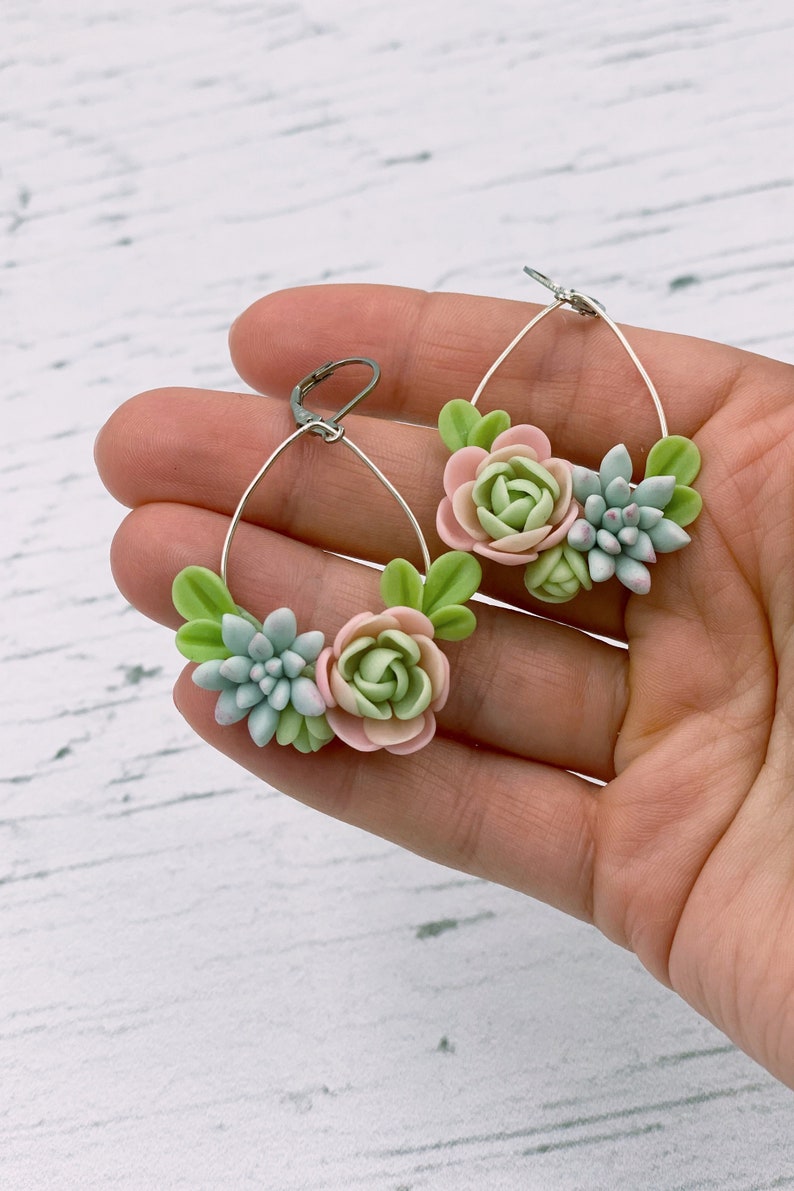 Mint green succulent earrings, flower dangle earrings image 4
