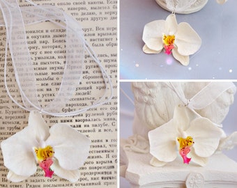 White Orchid Flower Pendant Necklace - Floral Beach Jewelry