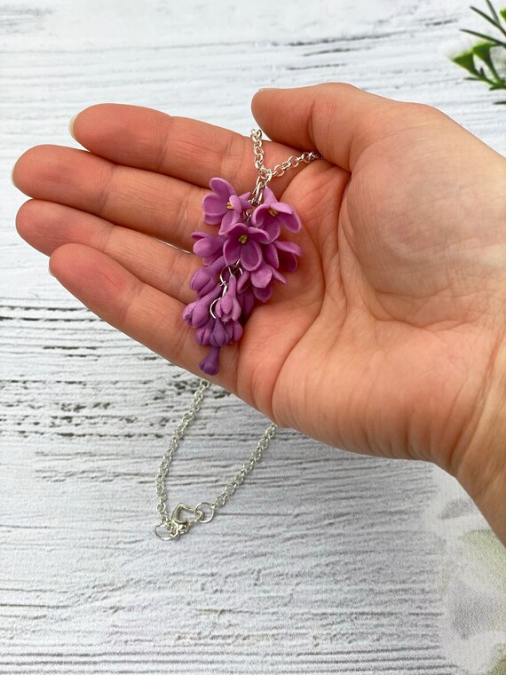 Purple Lilac Flower Pendant, Floral Charm Necklace for Women