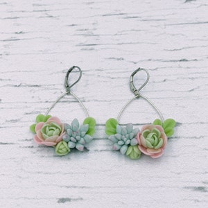 Mint green succulent earrings, flower dangle earrings image 10