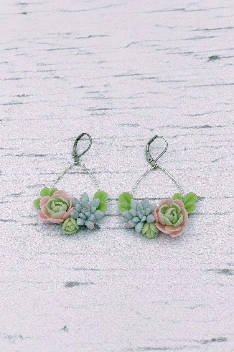 Mint green succulent earrings, flower dangle earrings image 10