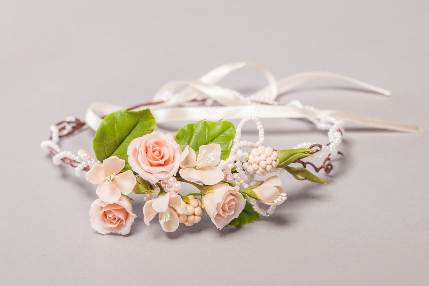 Peach Rose Bridal Flower Crown Wedding Hair Wreath Ivory - Etsy