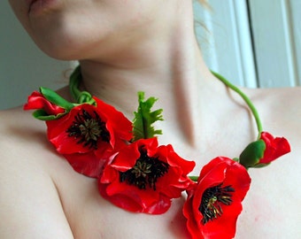 Collier de pavot rouge - Bijoux romantiques de fleur, collier de charme de déclaration de la nature