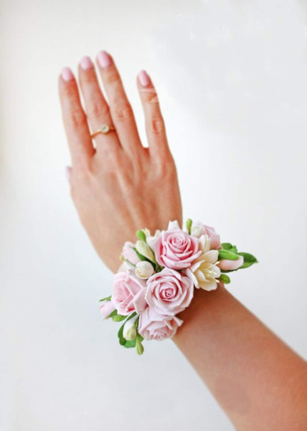 Pink Rose Prom Wrist Corsage Rustic Wedding Flower Bracelet 