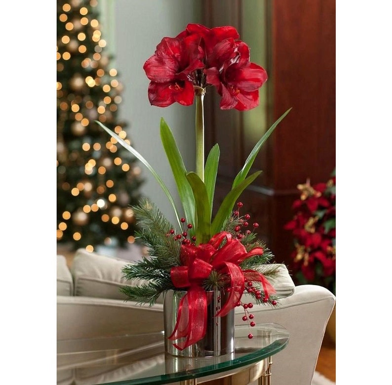 Winter Floral Arrangements Centerpieces Artificial Red Amaryllis Etsy
