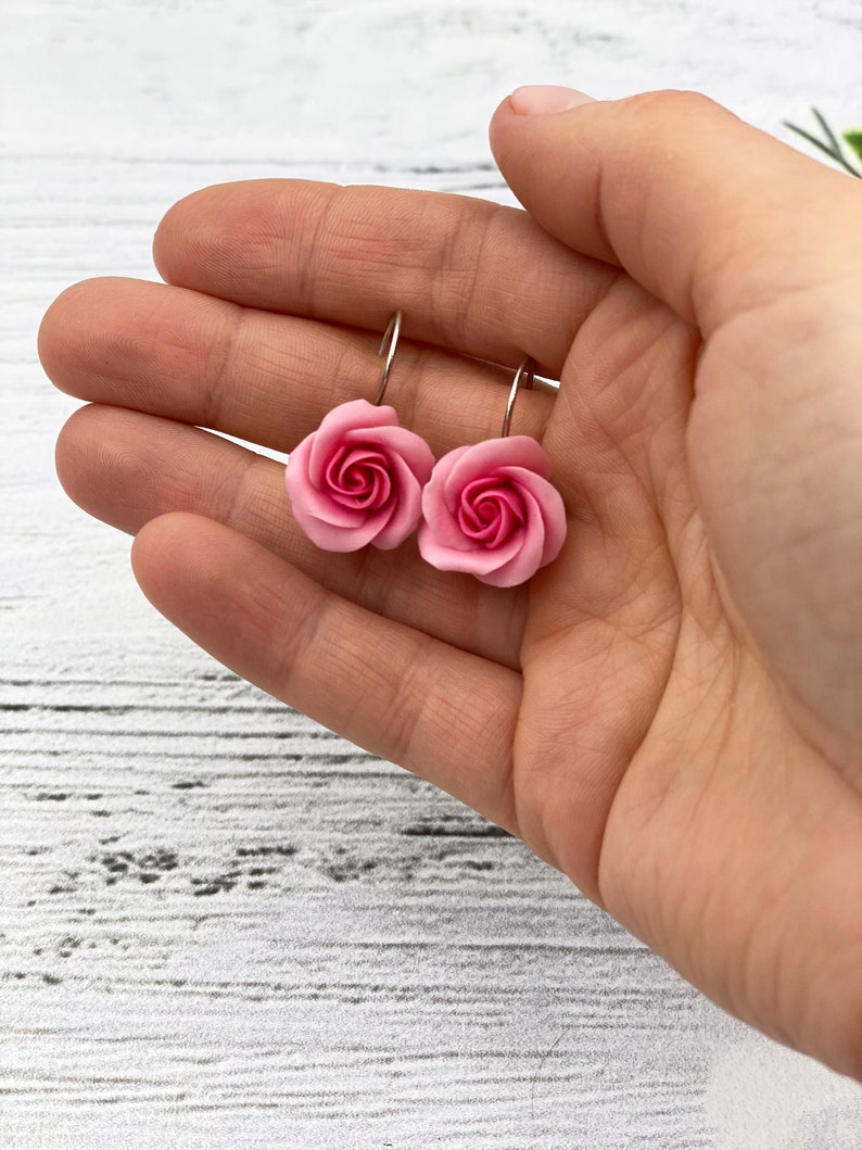 Pink Rose Flower Earrings Cute Floral Earrings | Etsy