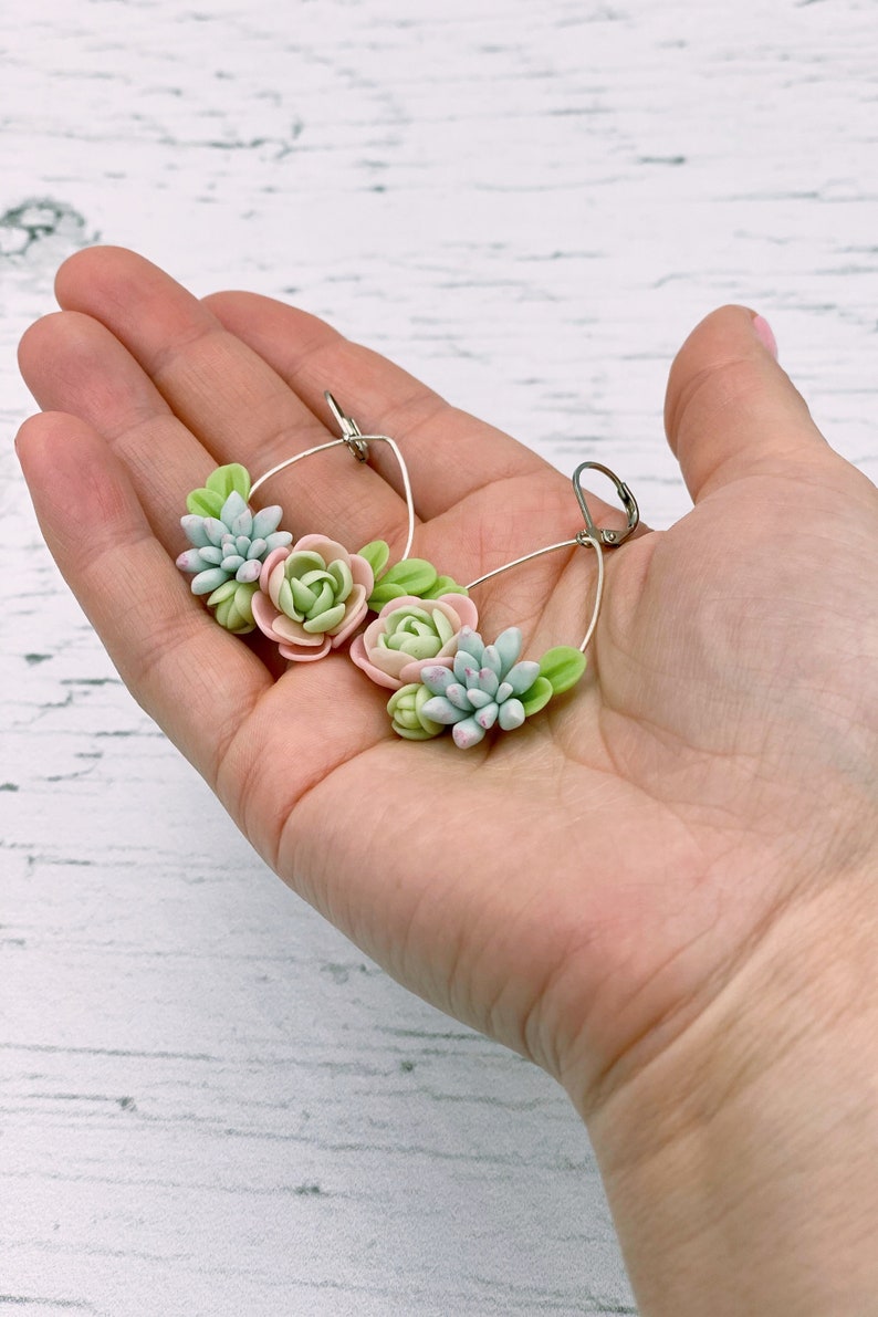 Mint green succulent earrings, flower dangle earrings image 9