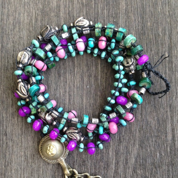 Turquoise Macrame wrap with Turkoman button bracelet/necklace, jade, morganite, Tibetan beads and a Turkoman button, convertible bracelet.
