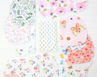 Handmade Flannel Burp Cloths: Contoured Baby Girl Gift Set