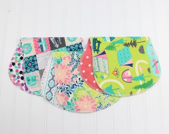 Baby Girl Flannel Burp Cloths - Set of 3, Contoured Handmade Design