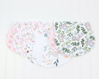 Handmade Baby Girl Burp Cloths, Set of 3, Floral & Bunny Flannel