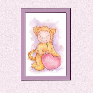 May include: A watercolor painting of a cute orange cat wearing a costume holding a pink heart. The cat has a happy expression on its face.