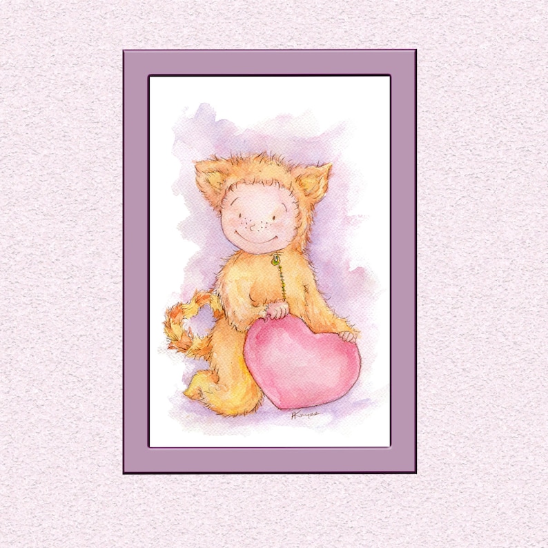 May include: A watercolor painting of a cute orange cat wearing a costume holding a pink heart. The cat has a happy expression on its face.