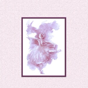 May include: A watercolor painting of a ballerina in a pale purple dress, with a soft, blurred background.