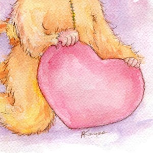May include: A watercolor painting of a fluffy orange animal holding a large pink heart. The animal is sitting on a light purple background.
