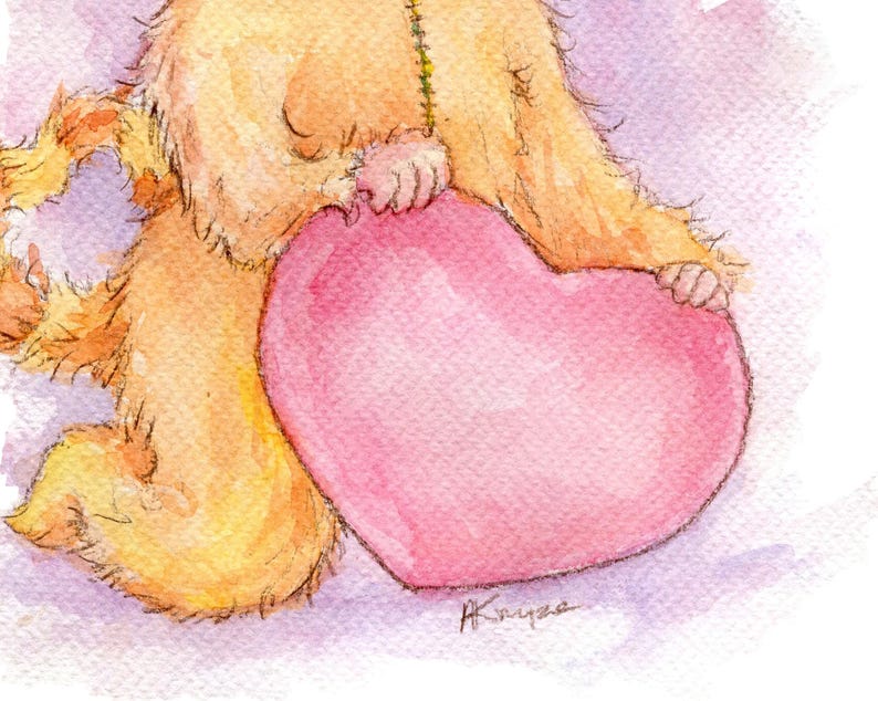 May include: A watercolor painting of a fluffy orange animal holding a large pink heart. The animal is sitting on a light purple background.