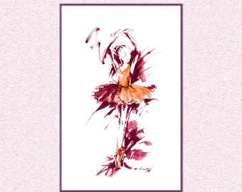 Ink painting Red Ballerina in orange dress downloadable illustration, Dancing girl digital poster print 11 x 17 inch, Dancer wall art decor