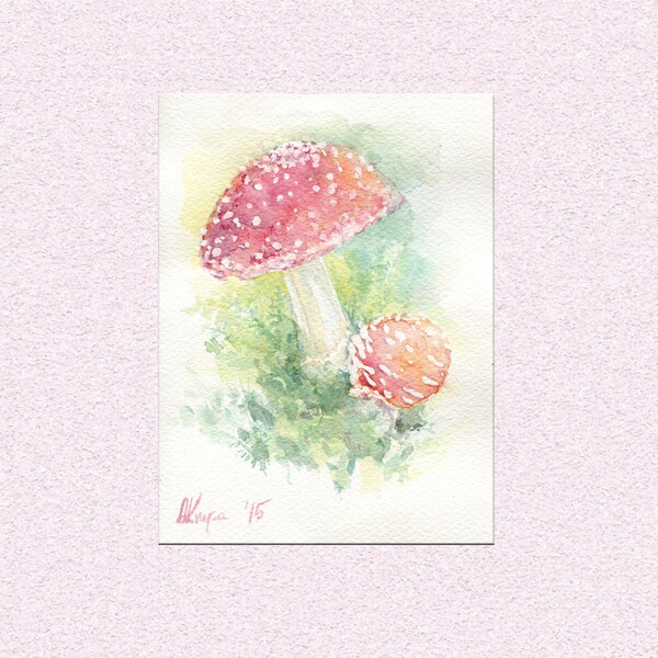Aquarellmalerei Fliegenpilz Pilz original Fly Amanita Wald rot weiß gefleckte Pilz Illustrationskunst