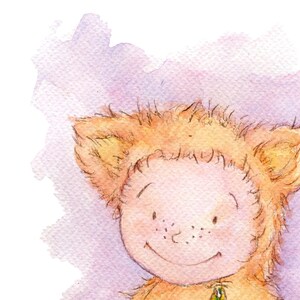 May include: A watercolor painting of a child wearing a brown furry costume with a smiling face. The background is a soft purple watercolor wash.