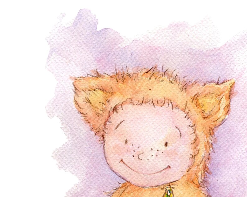 May include: A watercolor painting of a child wearing a brown furry costume with a smiling face. The background is a soft purple watercolor wash.