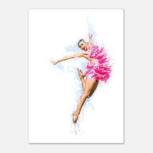May include: A woman in a pink, ruffled dress leaps through the air with her arms outstretched. The background is a white watercolor wash.