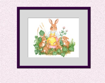 Downloadable cute nursery decor, printable bunnies illustration, adorable watercolour, instant download children wallart, bunny family art