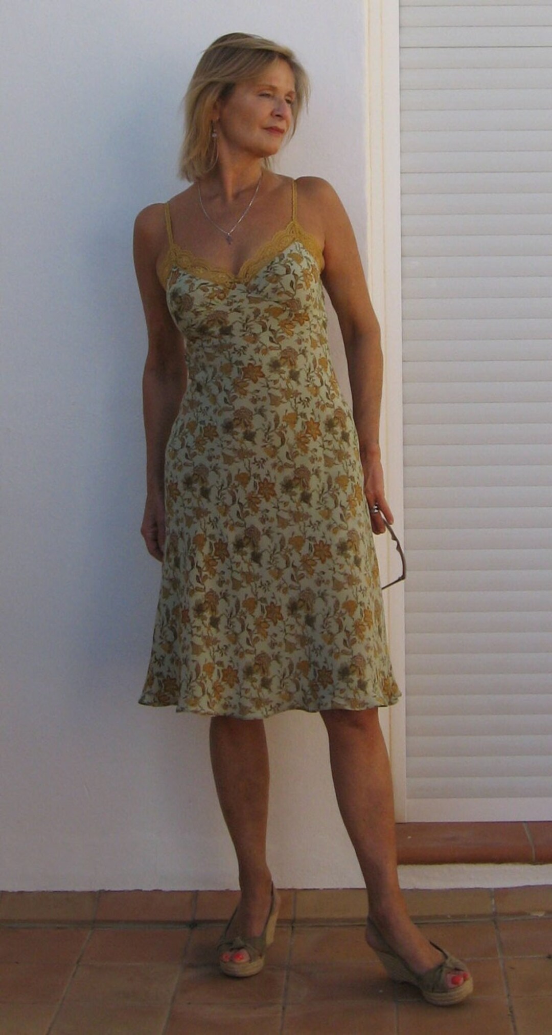 French Slip Dress , Green Floral Printed Silk Preshrunk , With Hand