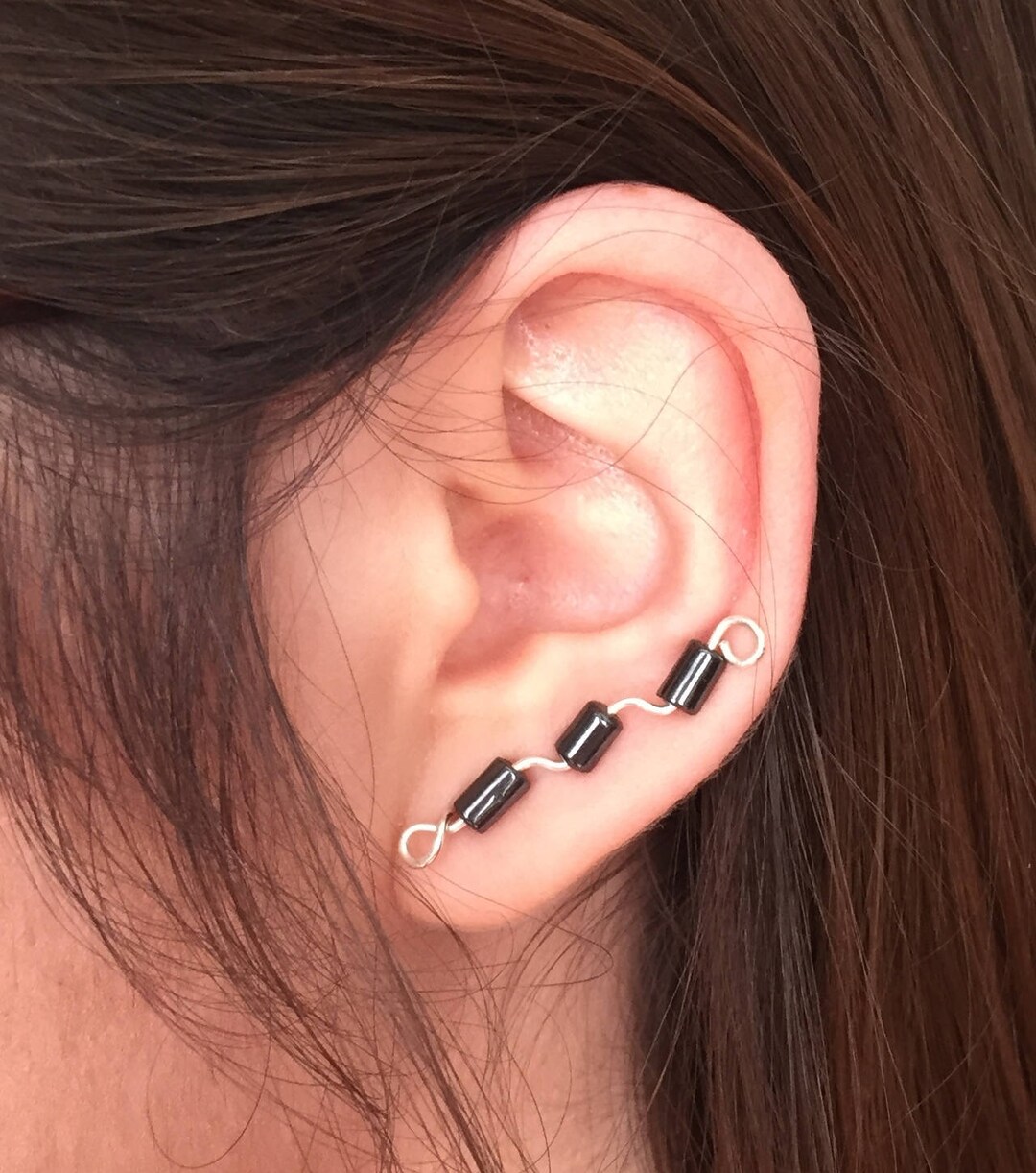 Ear Crawlers or Climbers, Sterling Silver Wire With Black Barrel Shaped