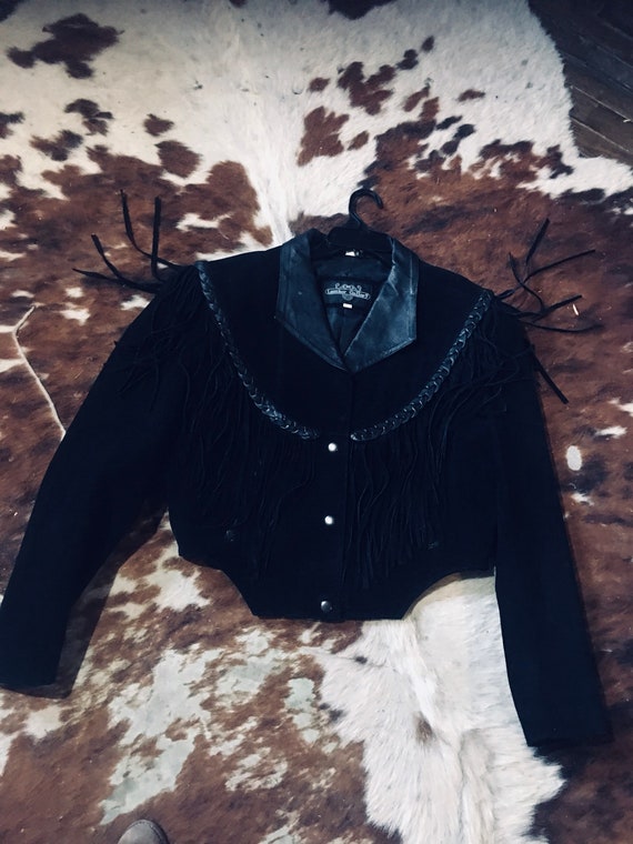 Black Fringe Leather Jacket-Braided Leather Yoke-V