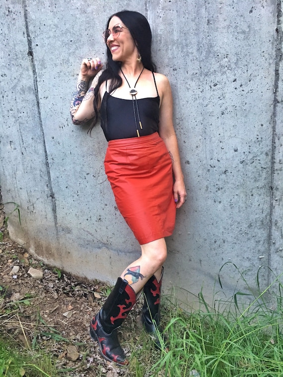 Vintage Red Leather Pencil Skirt-Red Pencil Skirt