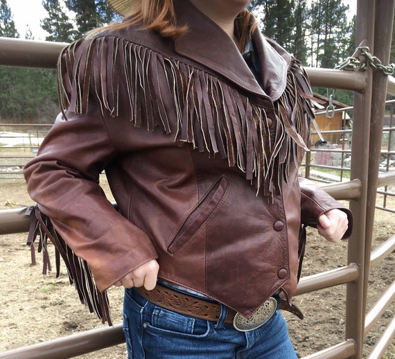 Vintage Chocolate Brown Fringe Leather Jacket-Crop