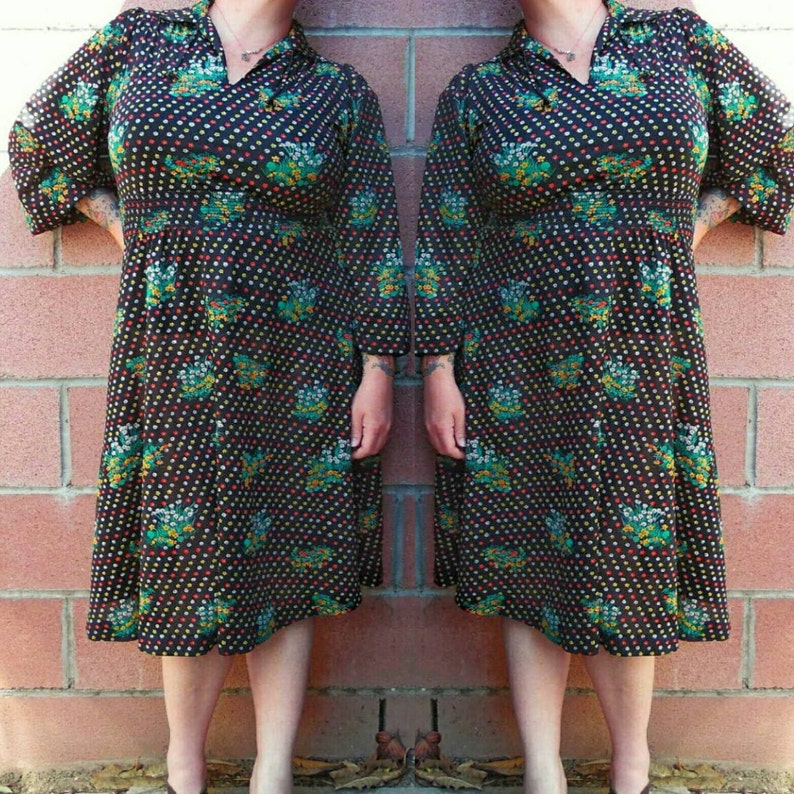 Vintage Floral Dress-1970s Dress-Sheer Floral Dress-Boho Dress-Size Large