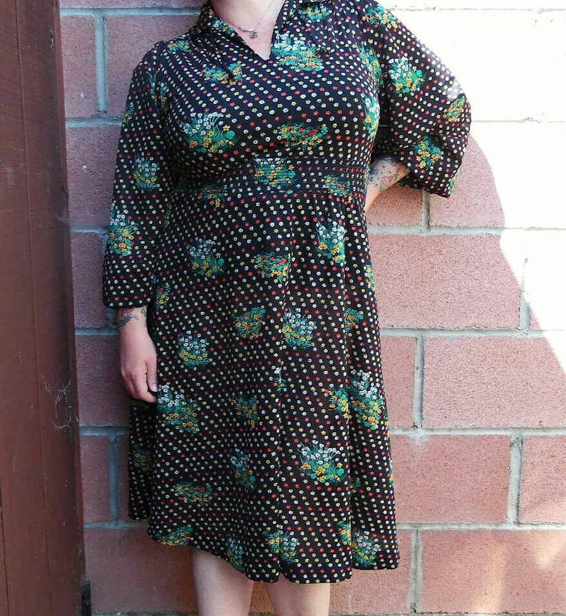 Vintage Floral Dress-1970s Dress-Sheer Floral Dress-Boho Dress-Size Large