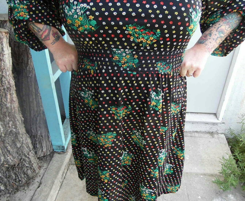 Vintage Floral Dress-1970s Dress-Sheer Floral Dress-Boho Dress-Size Large