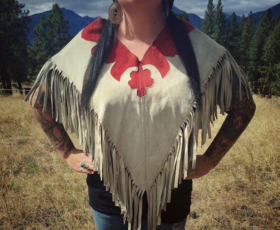 Vintage Suede Fringe Cape-Suede Poncho-Leather Cap