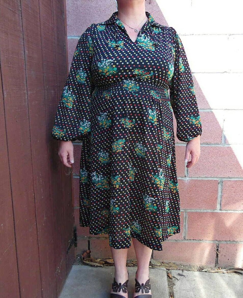 Vintage Floral Dress-1970s Dress-Sheer Floral Dress-Boho Dress-Size Large