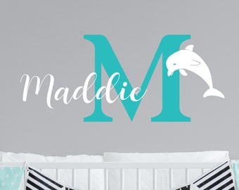 Personalised Dolphin Initials Name Wall Sticker Decal | Kids Girls Bedroom Decor DIY Adhesive Vinyl Bespoke Custom