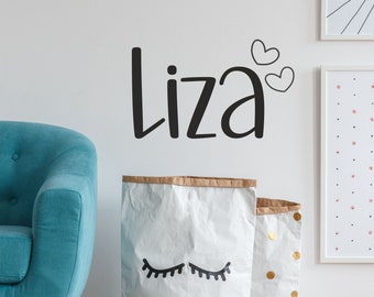 Name Wall Sticker with Cute Hearts - Any name for bedroom wall decal custom made bespoke