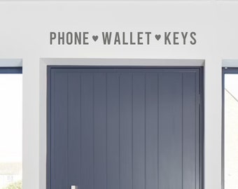 May include: A white wall with the text "PHONE ♥ WALLET ♥ KEYS" in gray lettering. A gray door with a silver handle is in the background.