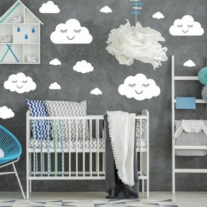 Cloud Wall Stickers with Cute Faces – 16 Vinyl Decals for Kids Nursery & Boys Girls Bedroom Decor – Removable, Easy to Apply