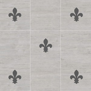 Puede incluir: Un suelo de baldosas blancas con un patrón repetitivo de flores de lis negras.